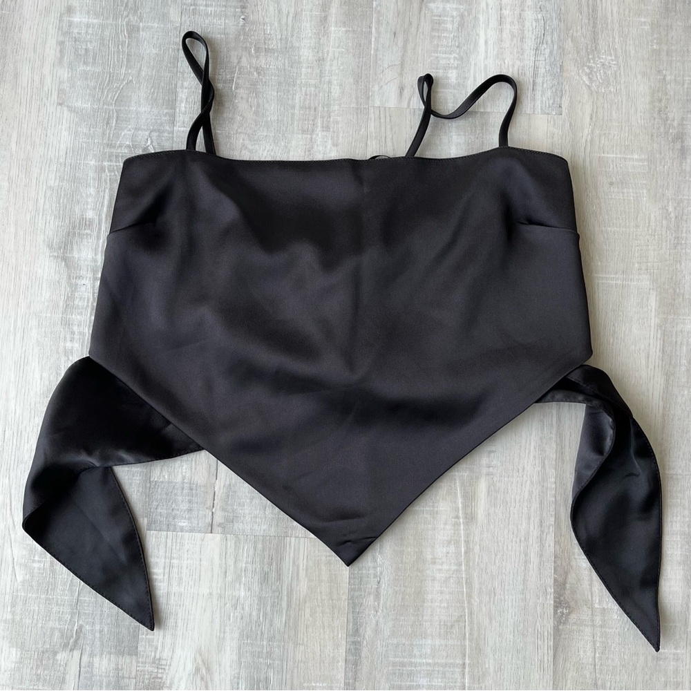 FOREVER 21 Black Spaghetti Strap/Back Tie Angled Front Silky Top Size Medium - Picture 1 of 5